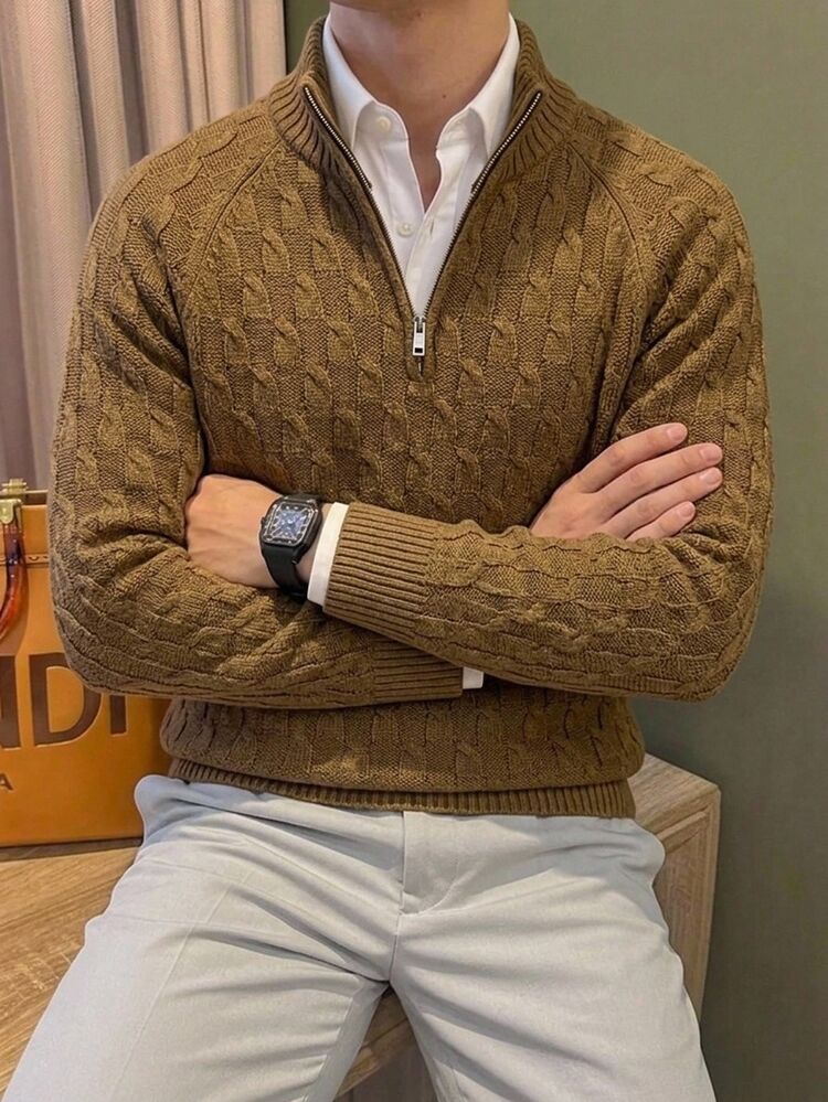 Claim Dot Old Money Men's Vintage Fashion Textured Half-Zip Sweater, Holiday Gift, Boyfriend Gift, Husband Gift - Brown - View 2