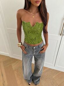 Aloruh 女款優雅綠色花卉刺繡亮片抹胸上衣，夏季熱帶度假風無肩帶束腰上衣，波希米亞法式風格，適合節慶電音派對 - 綠色 - 查看 5
