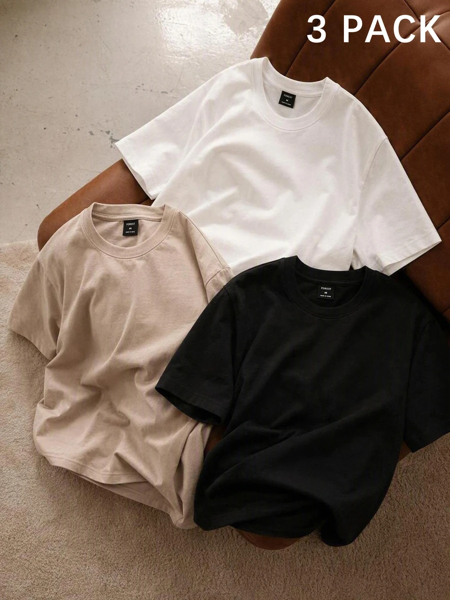 AKNOTIC 3pcs Pack Men's Casual Knit Solid Color Short Sleeve T-Shirts, Suitable For Daily Wear - Multicolor - View 1
