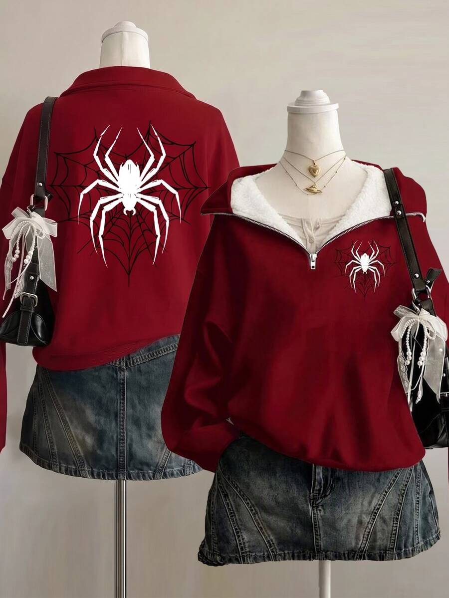 Attitoon Women's Small Floral Pattern Wide Red Loose Half-Zip High Neck Thin Sweatshirt Pullover, Thick Material, Suitable For Autumn/Winter - Red - View 1
