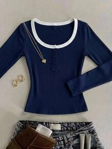 SHEIN Tween Girls Blend Blue Kids Striped Long Sleeve T-Shirt - Navy Blue - View 3
