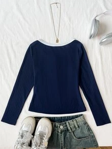 SHEIN Tween Girls Blend Blue Kids Striped Long Sleeve T-Shirt - Navy Blue - View 4