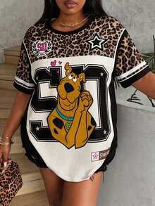 SCOOBY-DOO X SHEIN 大码女式夏季休闲街头日常通勤趣味豹纹宽松T恤 - 白色 - 查看 4