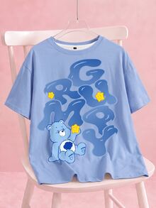 SHEIN X Care Bears 大尺碼圓領短袖印花休閒牛仔風T恤，適合早午餐與正式場合，淺藍色夏季款 - 白色 - 查看 1