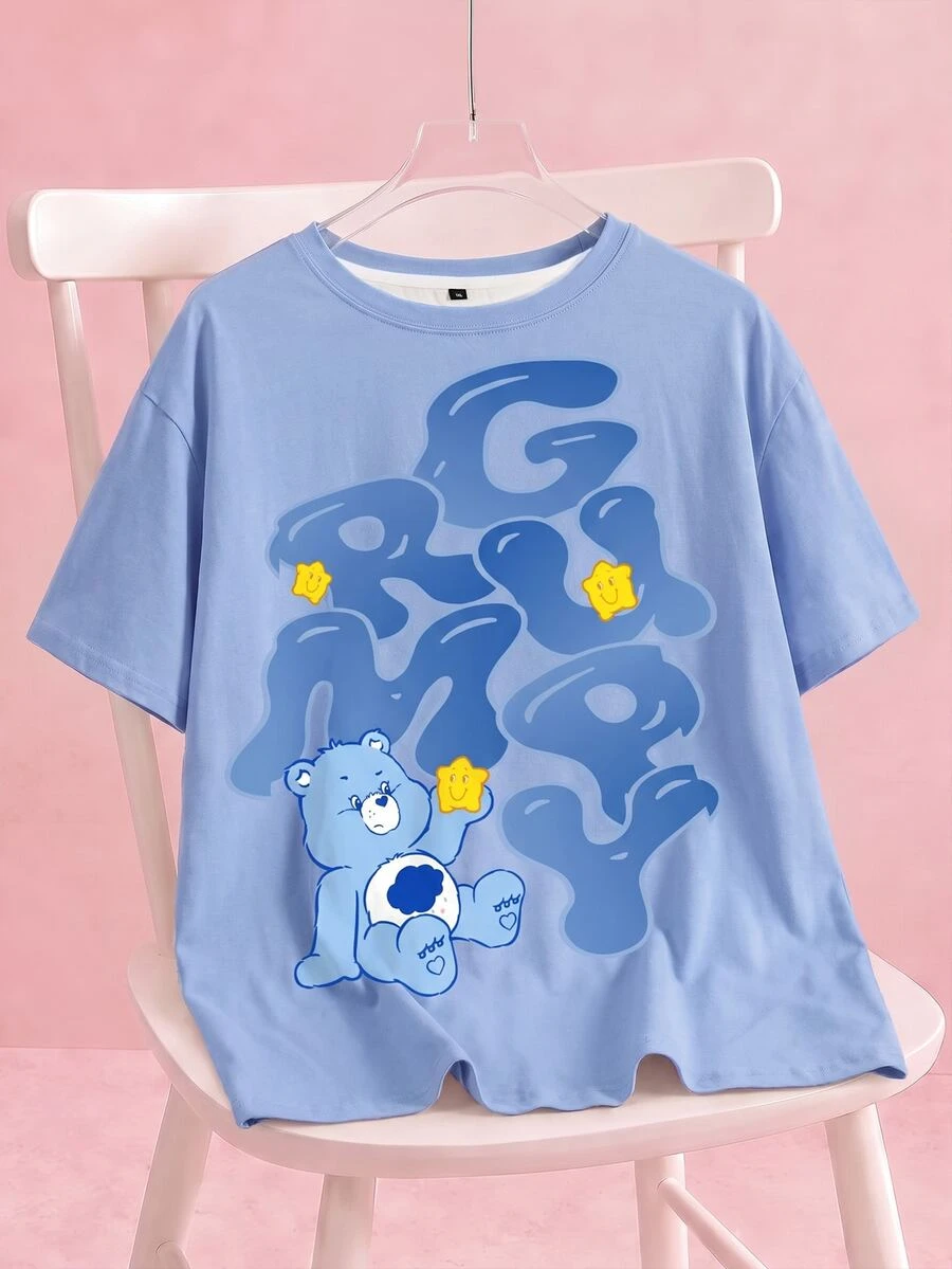 SHEIN X Care Bears 大尺碼圓領短袖印花休閒牛仔風T恤,適合早午餐與正式場合,淺藍色夏季款 - 白色 - 查看 1