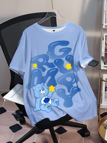 SHEIN X Care Bears 大尺碼圓領短袖印花休閒牛仔風T恤，適合早午餐與正式場合，淺藍色夏季款 - 白色 - 查看 2