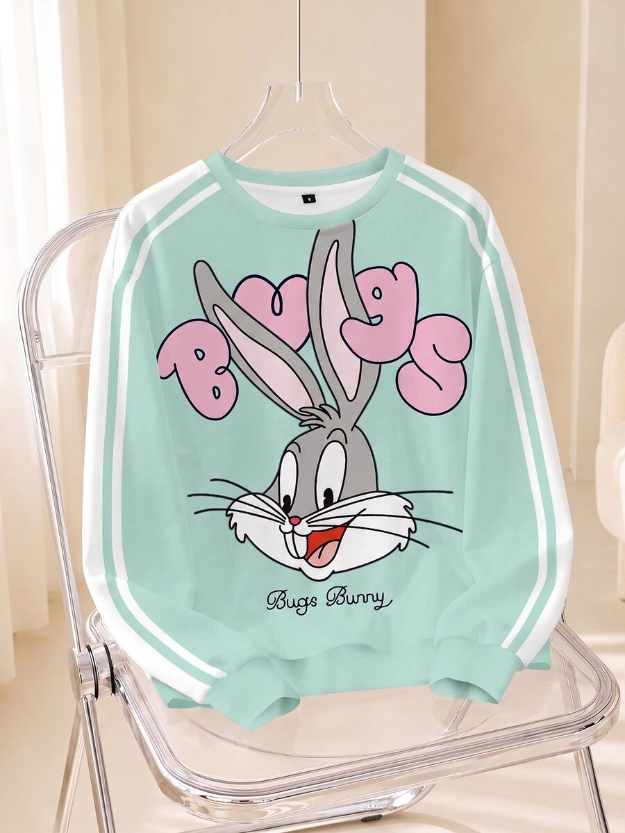 LOONEY TUNES X SHEIN 女款拼色拼接卡通印花運動衫 薄荷綠 春季日常校園街頭風 - 白色 - 查看 1