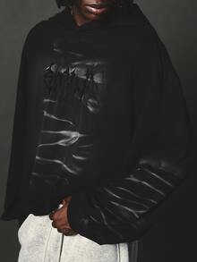 SUMWON Oversized Black Hoodie With Gothic Satin Chest Graphic Panel Spiky Text Print Long Sleeve Pullover Fall Winter Streetwear - Black - View 5