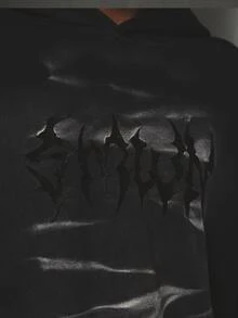 SUMWON Oversized Black Hoodie With Gothic Satin Chest Graphic Panel Spiky Text Print Long Sleeve Pullover Fall Winter Streetwear - Black - View 3