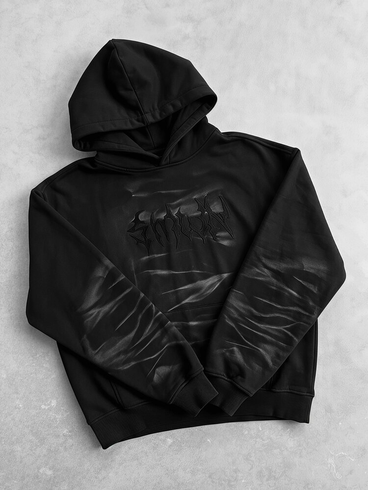 SUMWON Oversized Black Hoodie With Gothic Satin Chest Graphic Panel Spiky Text Print Long Sleeve Pullover Fall Winter Streetwear - Black - View 1