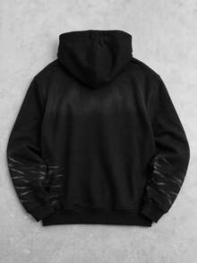 SUMWON Oversized Black Hoodie With Gothic Satin Chest Graphic Panel Spiky Text Print Long Sleeve Pullover Fall Winter Streetwear - Black - View 2
