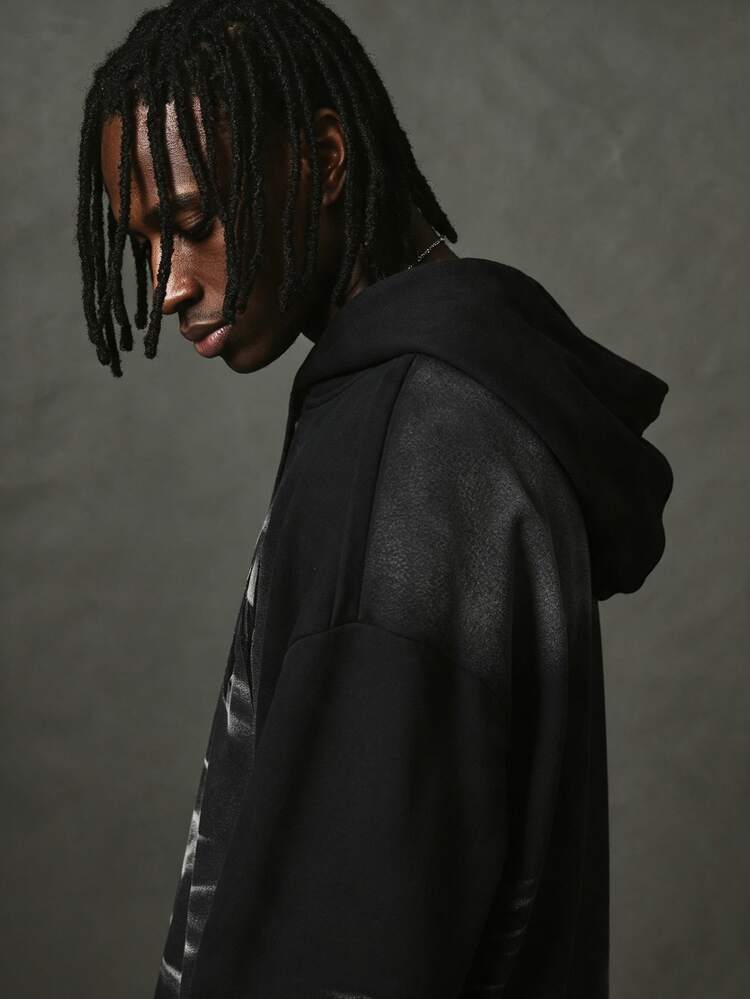 SUMWON Oversized Black Hoodie With Gothic Satin Chest Graphic Panel Spiky Text Print Long Sleeve Pullover Fall Winter Streetwear - Black - View 4