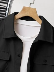 SHEIN 青少年男童休闲百搭校服贴布V领短袖T恤和直筒针织裤两件套，适合上学、运动、旅行、度假等场合。 - 黑色 - 查看 6