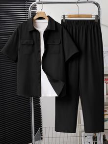 SHEIN 青少年男童休闲百搭校服贴布V领短袖T恤和直筒针织裤两件套，适合上学、运动、旅行、度假等场合。 - 黑色 - 查看 4