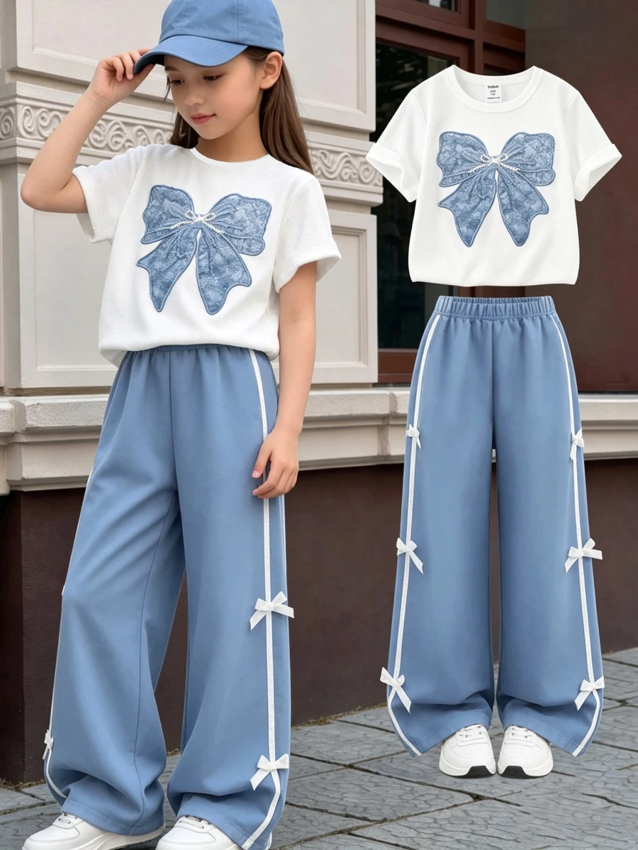Set Baju Sekolah Musim Panas 2 Potong/Set untuk Anak Perempuan Remaja, Leher Bulat, Warna Biru Muda dan Putih, Pakaian Kembali ke Sekolah untuk Anak Perempuan - Baby Blue - View 1
