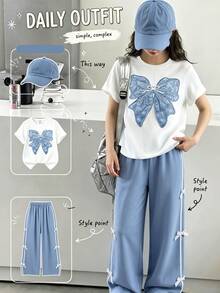 Set Baju Sekolah Musim Panas 2 Potong/Set untuk Anak Perempuan Remaja, Leher Bulat, Warna Biru Muda dan Putih, Pakaian Kembali ke Sekolah untuk Anak Perempuan - Baby Blue - View 3
