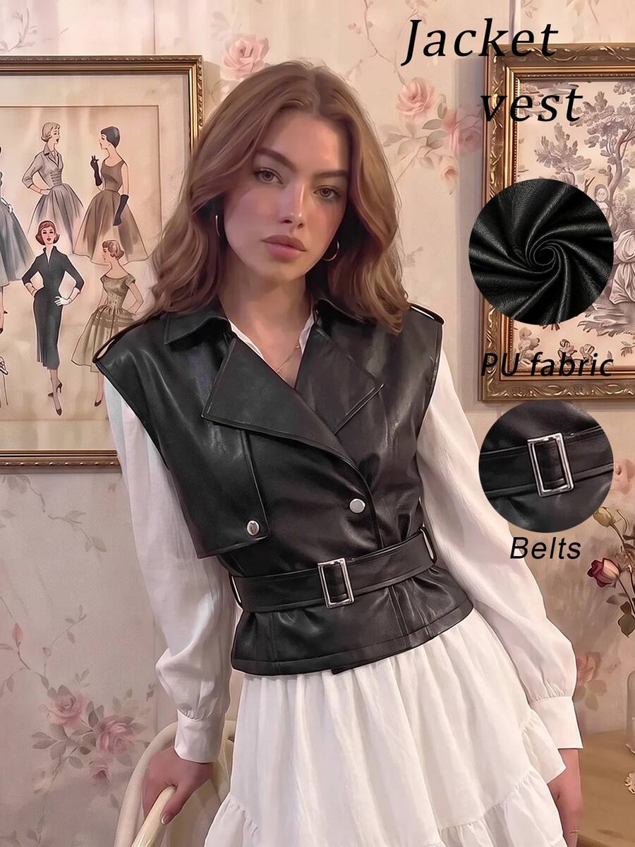 SHEIN MOD 時尚女款黑色無袖人造皮革夾克，附扣環腰帶，時尚背心外套，女款皮革上衣，秋冬夾克大衣 - 黑色 - 查看 1