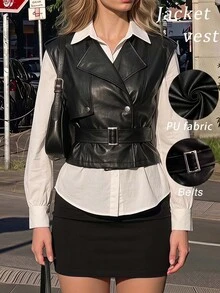 SHEIN MOD 時尚女款黑色無袖人造皮革夾克，附扣環腰帶，時尚背心外套，女款皮革上衣，秋冬夾克大衣 - 黑色 - 查看 3