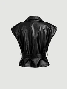 SHEIN MOD 時尚女款黑色無袖人造皮革夾克，附扣環腰帶，時尚背心外套，女款皮革上衣，秋冬夾克大衣 - 黑色 - 查看 5