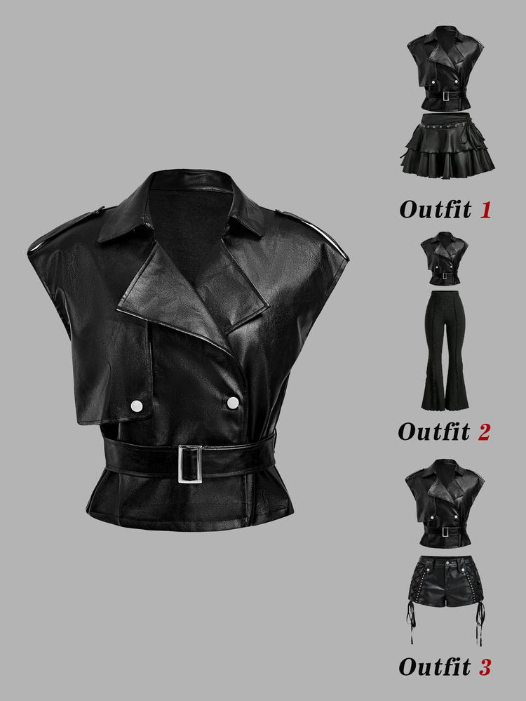 SHEIN MOD Áo khoác vest da giả màu đen không tay cho nữ phong cách sang trọng có thắt lưng khóa, áo khoác ngoài thời trang, áo khoác da nữ cho mùa thu đông - màu đen - Xem 4