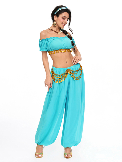 Anime Halloween Movie Cosplay Costume Princess Style Ultra Short Crop Top And Lantern Pants Chiffon 2 Pieces Set For Women