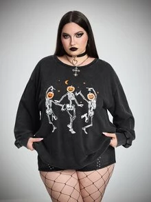 SHEIN CURVE+ 大尺碼女款萬聖節圖案寬鬆休閒運動衫 - 深灰色 - 查看 5