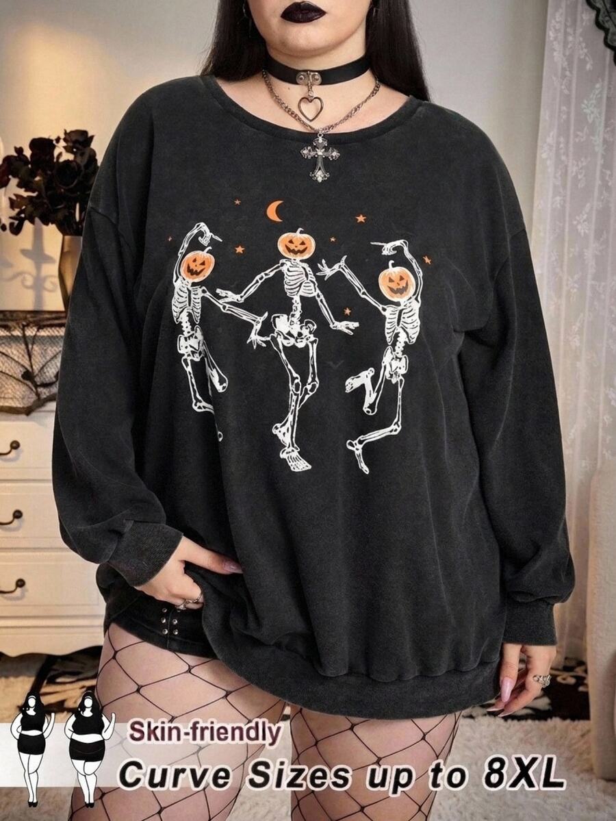 SHEIN CURVE+ 大尺碼女款萬聖節圖案寬鬆休閒運動衫 - 深灰色 - 查看 1