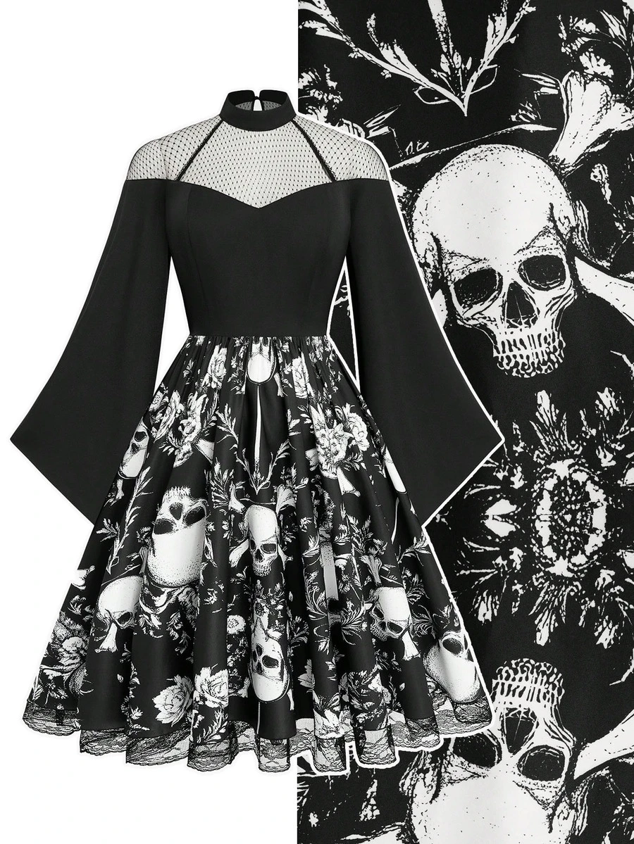 Sweetra Vestido Gótico de los 60 con Estampado de Calavera del Día de ...