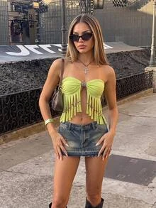 SHEIN ICON 女士夏季性感流苏下摆抹胸 - 綠色 - 查看 1
