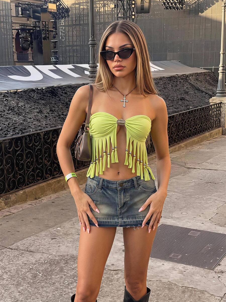 SHEIN ICON 女士夏季性感流苏下摆抹胸 - 綠色 - 查看 1