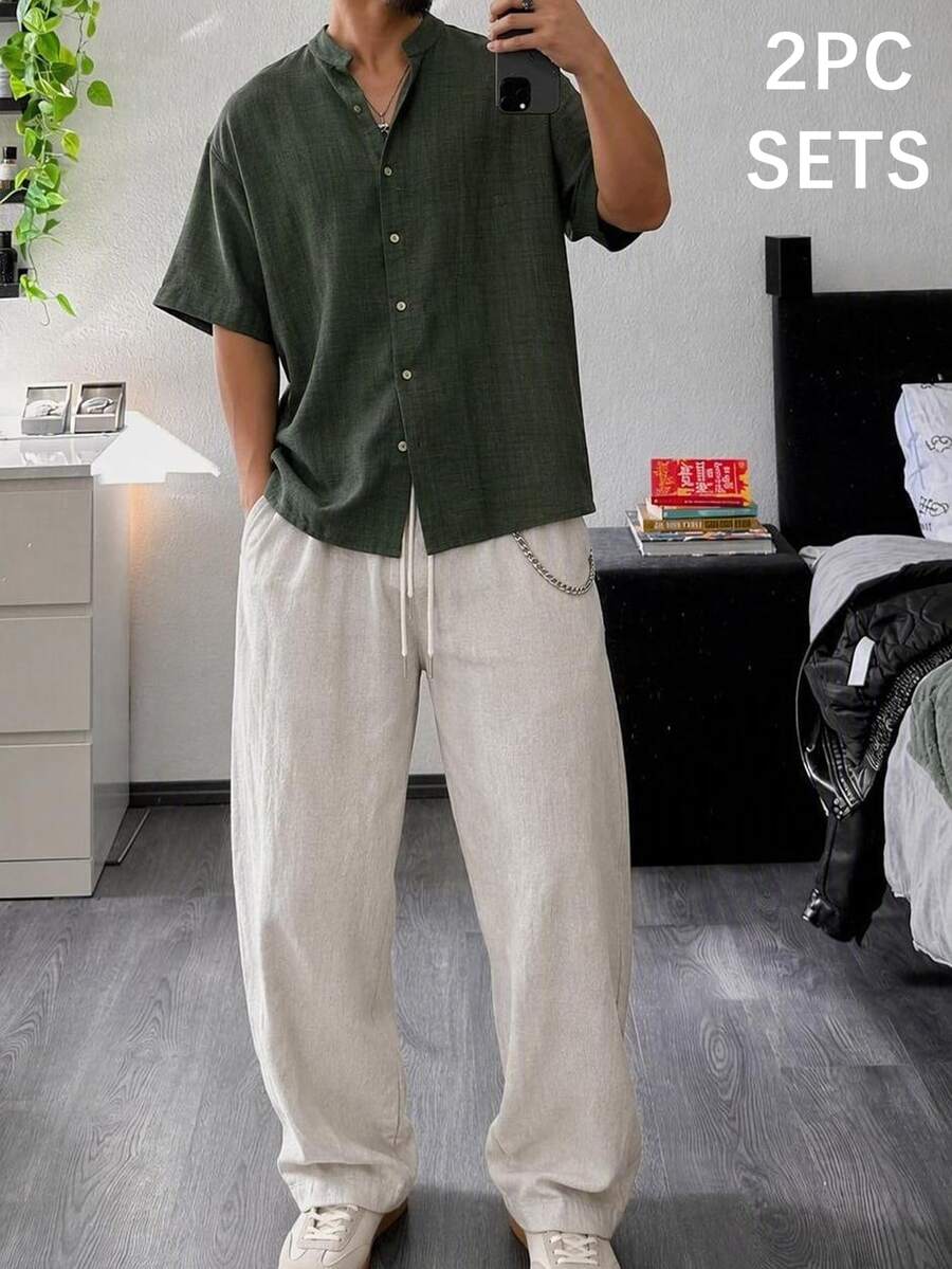 HIMLAND Men's Linen Set, 2-Piece Summer Outfit, Mandarin Collar Short Sleeve Shirt, Drawstring Casual Pants, Beach Vacation Wear