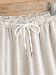 HIMLAND Set Linen Pria, Pakaian Musim Panas 2 Potong, Kemeja Lengan Pendek Kerah Mandarin, Celana Kasual Tali Serut, Pakaian Liburan Pantai - Hijau - View 6