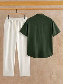 HIMLAND Set Linen Pria, Pakaian Musim Panas 2 Potong, Kemeja Lengan Pendek Kerah Mandarin, Celana Kasual Tali Serut, Pakaian Liburan Pantai - Hijau - View 3