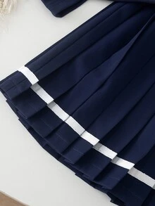 SHEIN Elladie kids 女童學院風百褶蝴蝶結 Polo 套裝 2 件套，長袖領口蝴蝶結上衣 + 百褶裙，生日幼兒園風格，白色秋季款 - 藍色 - 查看 3