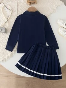 SHEIN Elladie kids 女童學院風百褶蝴蝶結 Polo 套裝 2 件套，長袖領口蝴蝶結上衣 + 百褶裙，生日幼兒園風格，白色秋季款 - 藍色 - 查看 2