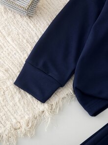 SHEIN Elladie kids 女童學院風百褶蝴蝶結 Polo 套裝 2 件套，長袖領口蝴蝶結上衣 + 百褶裙，生日幼兒園風格，白色秋季款 - 藍色 - 查看 6