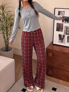 SHEIN Tween女孩童裝可愛甜美簡約灰色純色V領半開襟荷葉邊長袖格紋褲居家休閒睡衣套裝 2件組 秋冬/四季通用 - 彩色 - 查看 2
