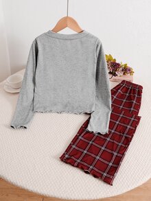 SHEIN Tween女孩童裝可愛甜美簡約灰色純色V領半開襟荷葉邊長袖格紋褲居家休閒睡衣套裝 2件組 秋冬/四季通用 - 彩色 - 查看 4