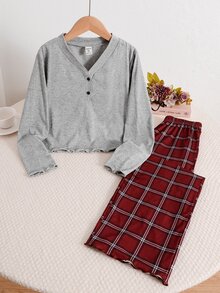 SHEIN Tween女孩童裝可愛甜美簡約灰色純色V領半開襟荷葉邊長袖格紋褲居家休閒睡衣套裝 2件組 秋冬/四季通用 - 彩色 - 查看 3