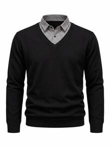 Manfinity CasualKnits 男士黑色拼接條紋領針織毛衣 - 黑色 - 查看 1