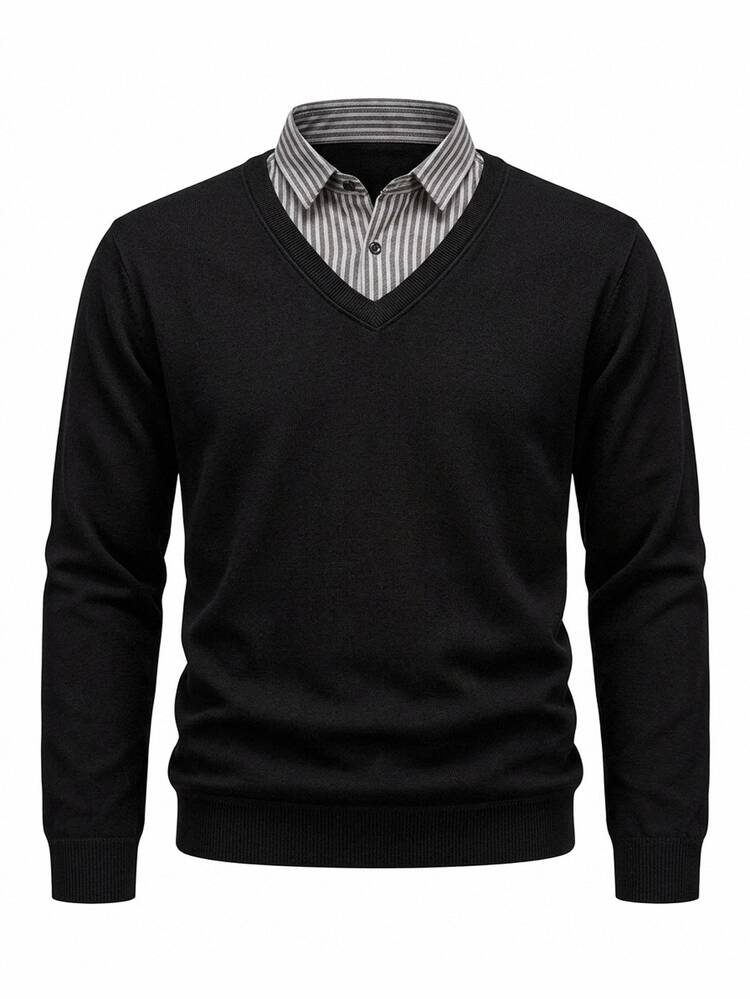 Manfinity CasualKnits Old Money Streetwear Men's Black Patchwork Striped Collar Knit Sweater, American Casual, , Couple, Holiday Gift Office Work Autumn - Black - View 1
