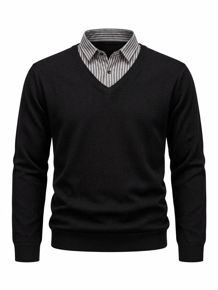 Manfinity CasualKnits 男士黑色拼接條紋領針織毛衣 - 黑色 - 查看 1