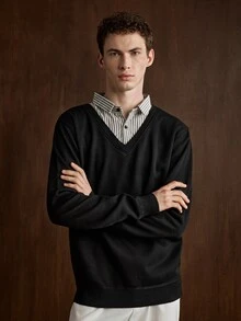 Manfinity CasualKnits 男士黑色拼接條紋領針織毛衣 - 黑色 - 查看 4
