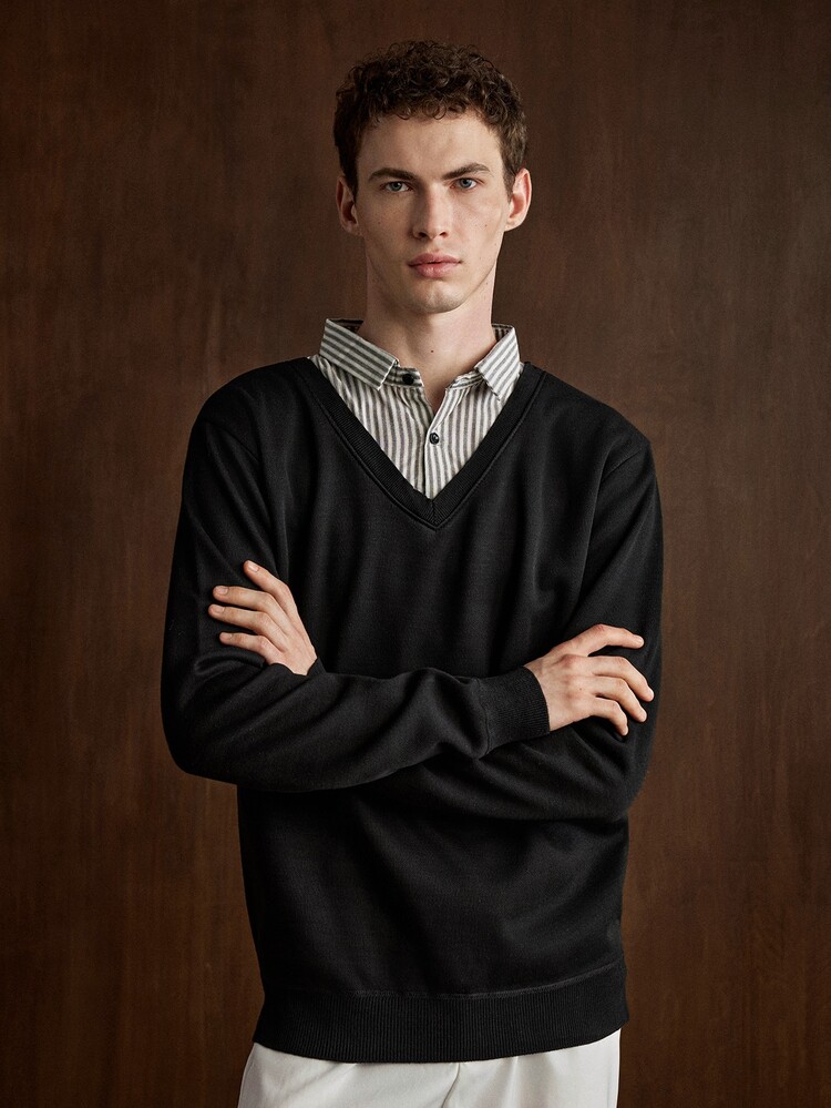 Manfinity CasualKnits Old Money Streetwear Men's Black Patchwork Striped Collar Knit Sweater, American Casual, , Couple, Holiday Gift Office Work Autumn - Black - View 4