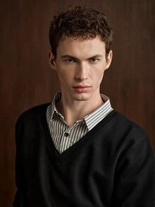 Manfinity CasualKnits 男士黑色拼接條紋領針織毛衣 - 黑色 - 查看 8