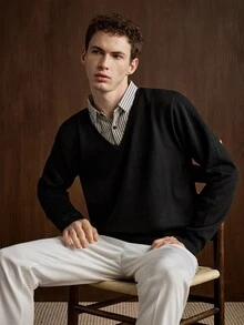 Manfinity CasualKnits 男士黑色拼接條紋領針織毛衣 - 黑色 - 查看 3