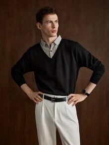 Manfinity CasualKnits 男士黑色拼接條紋領針織毛衣 - 黑色 - 查看 2