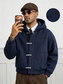 HUEFORM Men's Casual Navy Blue Cropped Style Zip-Up Hoodies,Chinese-Style Frog Button Design, Embroidered Detailing On The Chest,Suitable For A Stylish Look - Navy Blue - View 1