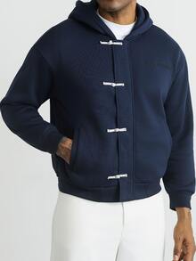 HUEFORM Men's Casual Navy Blue Cropped Style Zip-Up Hoodies,Chinese-Style Frog Button Design, Embroidered Detailing On The Chest,Suitable For A Stylish Look - Navy Blue - View 4