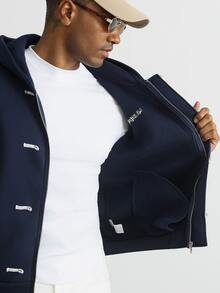 HUEFORM Men's Casual Navy Blue Cropped Style Zip-Up Hoodies,Chinese-Style Frog Button Design, Embroidered Detailing On The Chest,Suitable For A Stylish Look - Navy Blue - View 5